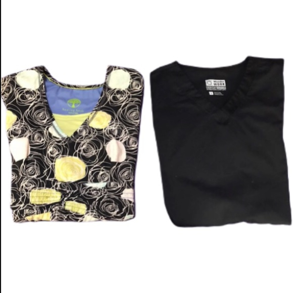Lot of 2 Womens Scrub Tops Small Healing Hands Floral & WonderWink Black V-Neck